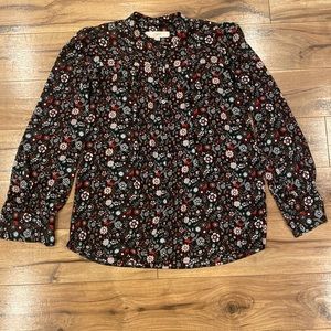 Loft XS Black Floral Long Sleeved Button Down Blouse